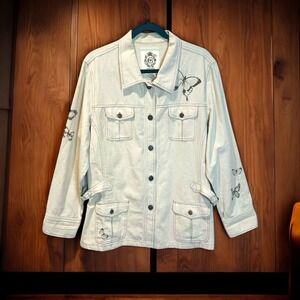 Graffwear Butterfly Graphic Safari Style Jacket Beige Linen Blend Button Up Sz L